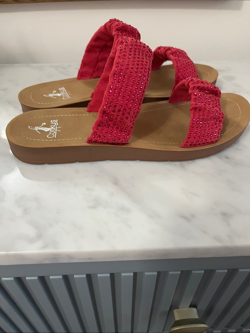 Corkys Hot Pink Rhinestone Double-Strap Slide Sandals - Picture 3 of 6